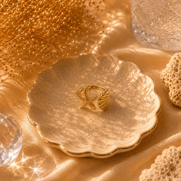 انگشتر زنانه Stella طرح ستاره دریایی و صدف | Qazal Bijoux