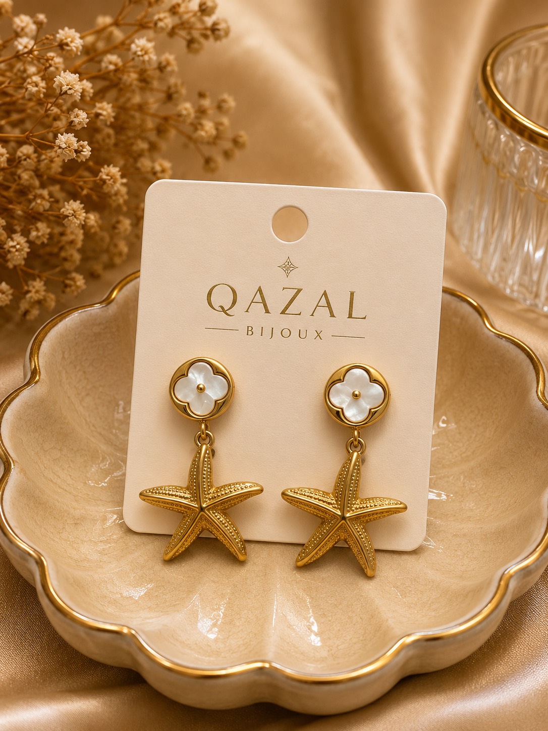 گوشواره زنانه مدل Alora طرح گل و ستاره دریایی | Qazal Bijoux