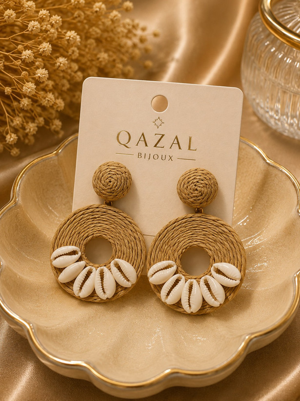 گوشواره زنانه مدل Marina طرح صدف و حصیری | Qazal Bijoux