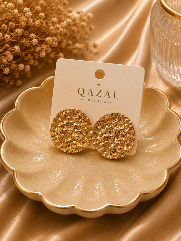 گوشواره زنانه مدل Aria طرح دایره بافتدار طلایی | Qazal Bijoux