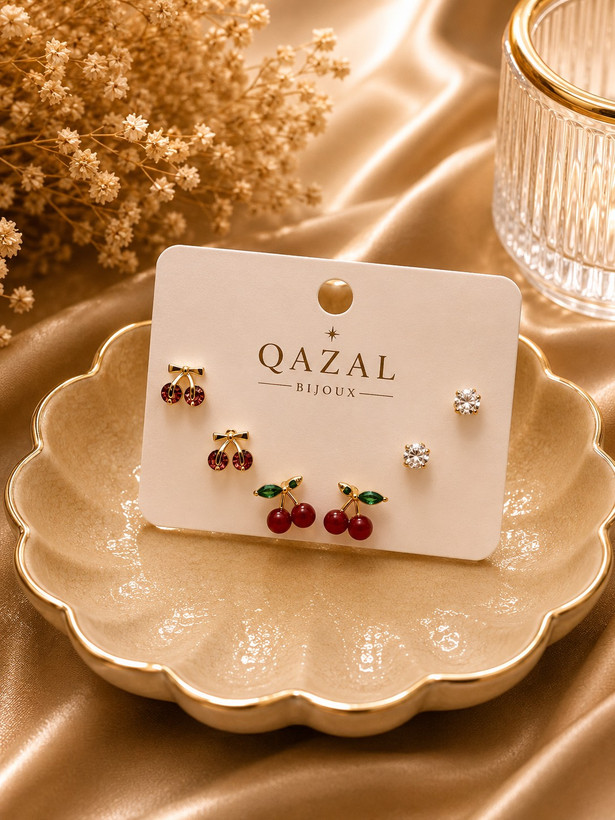 ست گوشواره زنانه مدل Cherry & Crystal طرح گیلاس و نگین کریستالی | Qazal Bijoux