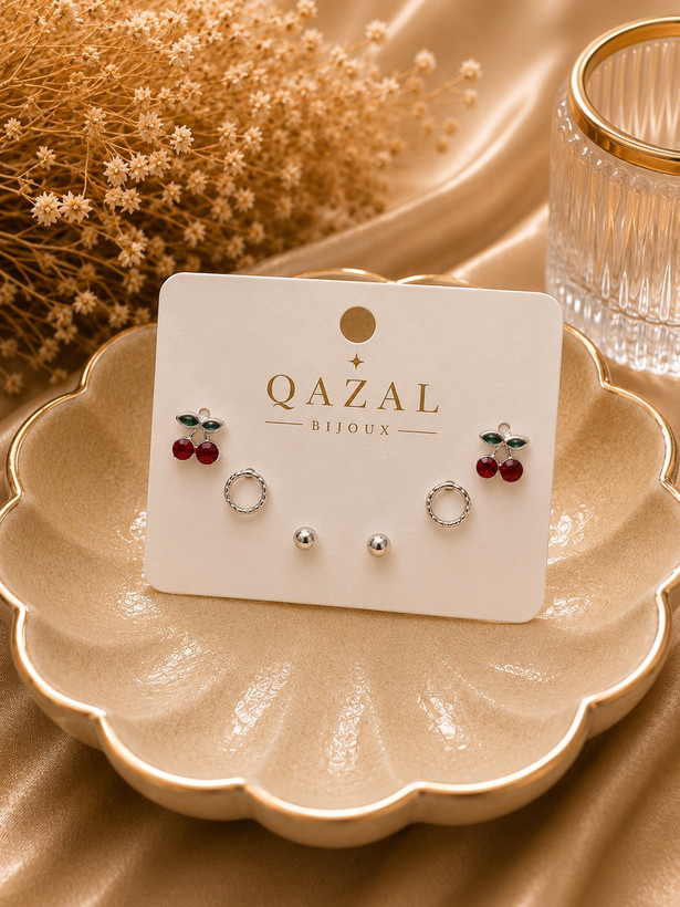 ست گوشواره زنانه مدل Cherry Trio طرح گیلاس، حلقه و گوی | Qazal Bijoux