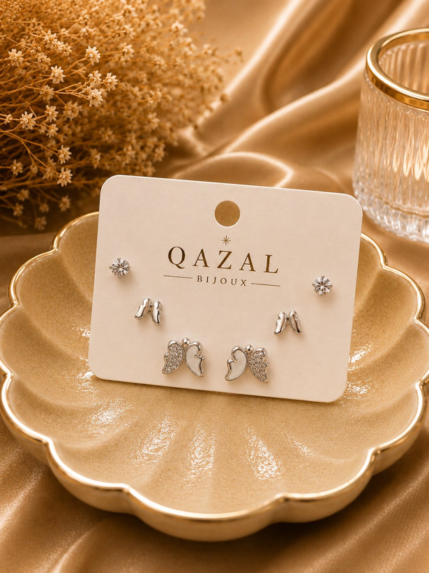 ست گوشواره زنانه مدل Lunelle طرح بال پروانهای نقرهای نگیندار | Qazal Bijoux