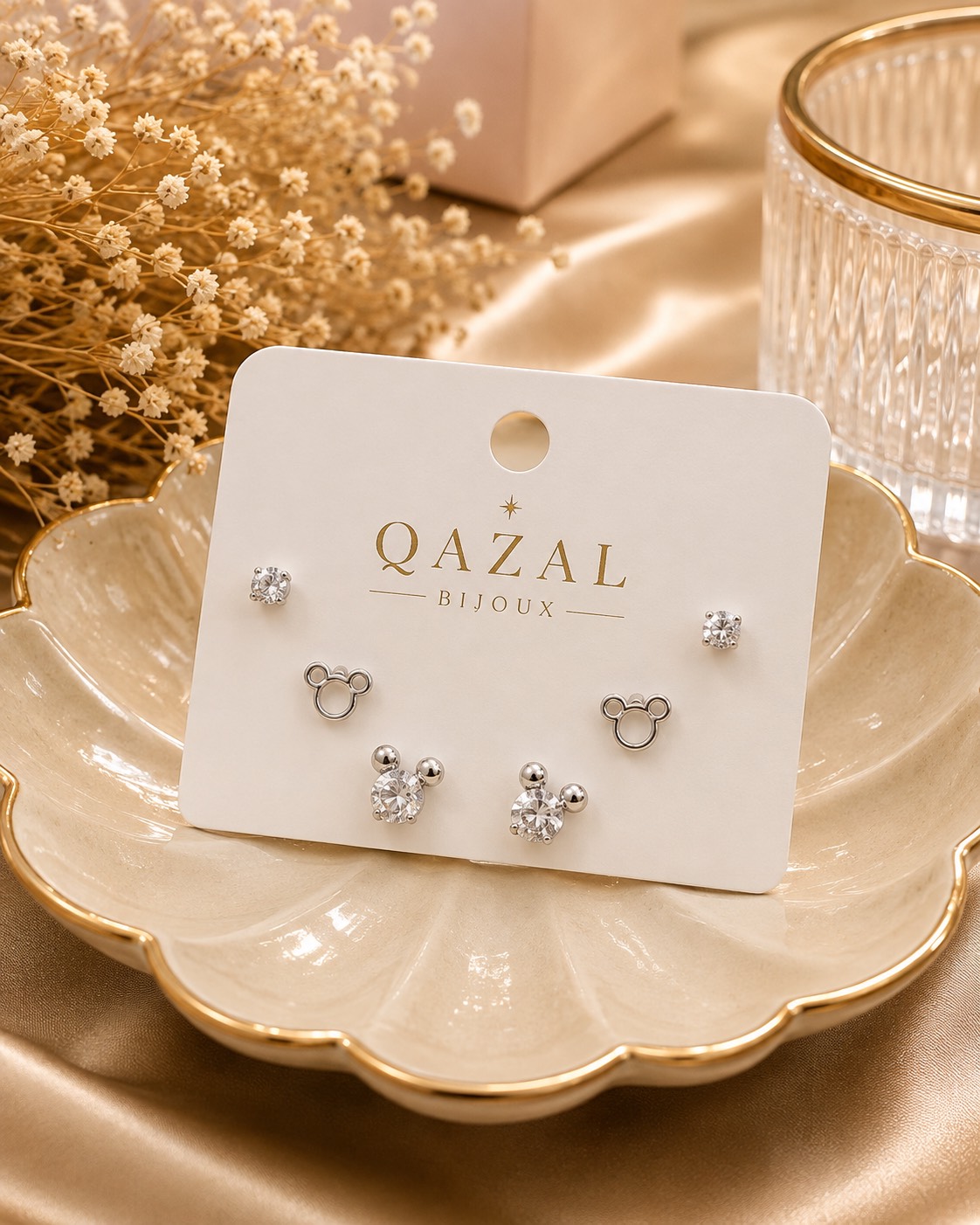 ست گوشواره زنانه مدل Lumière طرح نگین‌دار سه‌تکه | Qazal Bijoux