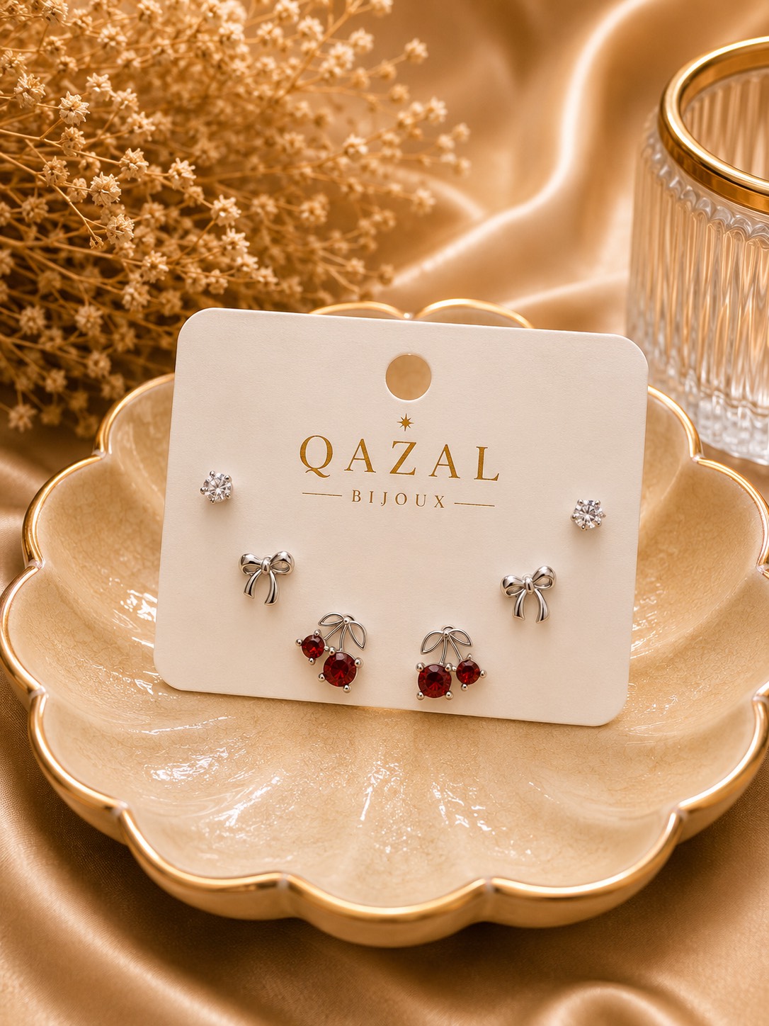 ست گوشواره زنانه مدل Amélie طرح پاپیون و گیلاس سه‌تکه | Qazal Bijoux