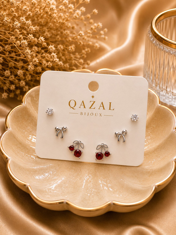 ست گوشواره زنانه مدل Amélie طرح پاپیون و گیلاس سهتکه | Qazal Bijoux