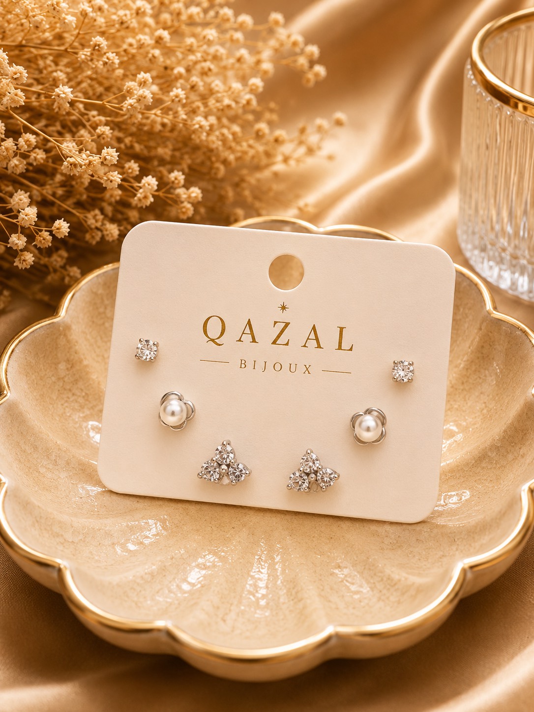 ست گوشواره زنانه مدل Celeste طرح مروارید و نگین سه‌تکه | Qazal Bijoux