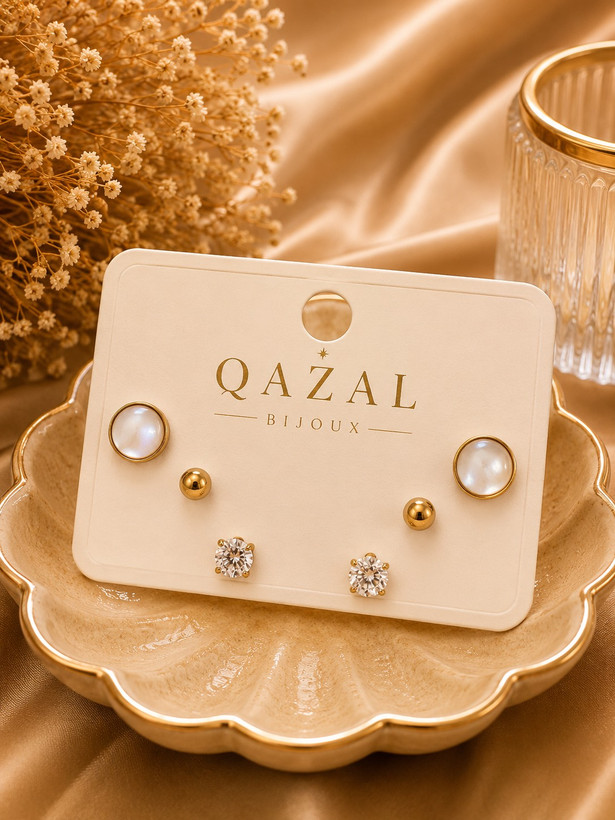 ست گوشواره زنانه ژوپینگ مدل Luna طرح مروارید، گوی طلایی و کریستال | Qazal Bijoux