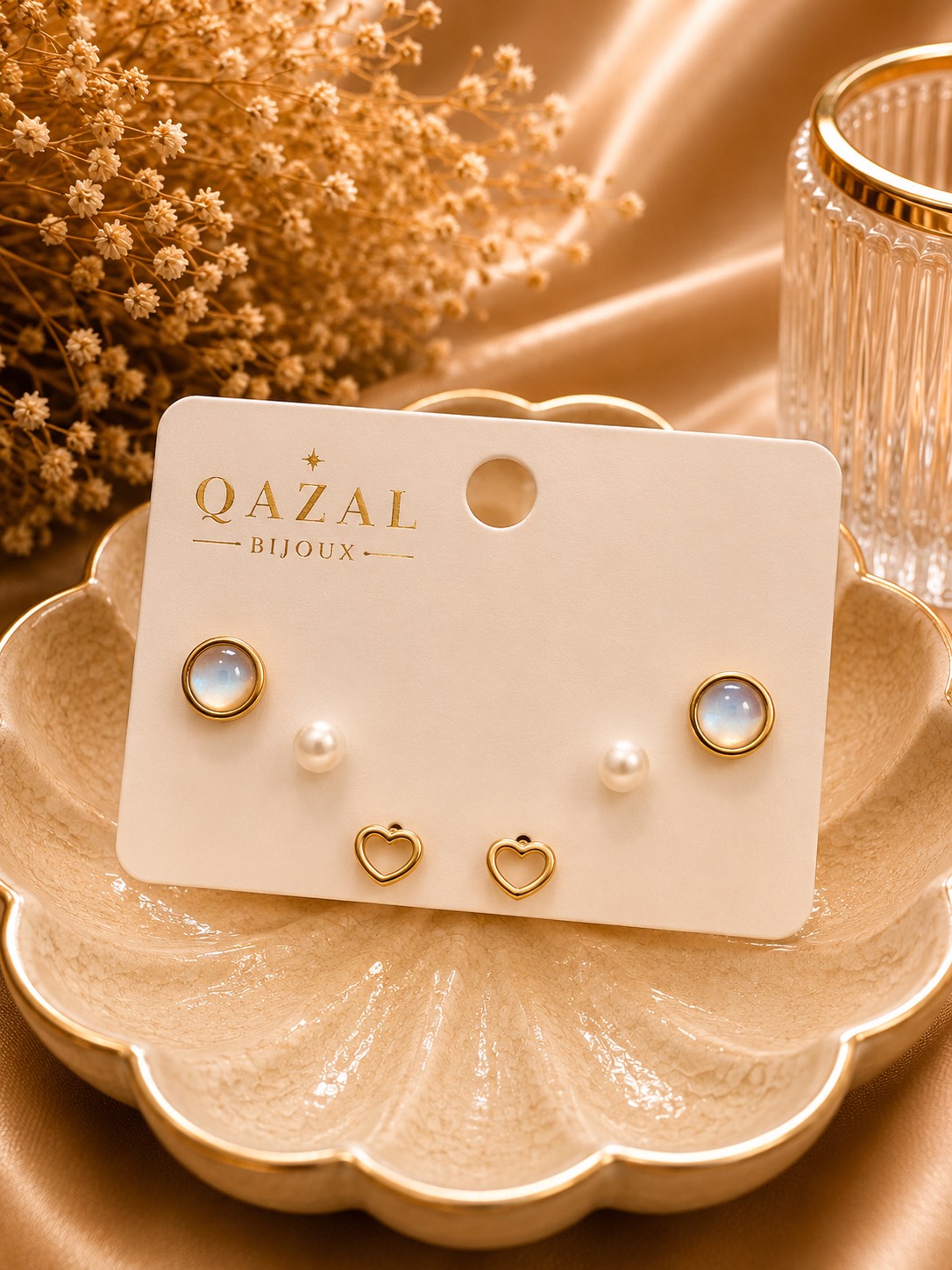 ست گوشواره زنانه ژوپینگ مدل Celeste طرح مروارید، قلب و نگین آبی | Qazal Bijoux