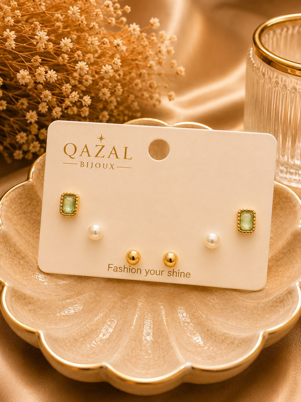 گوشواره زنانه ژوپینگ مدل Green Pearl Trio طرح سهتایی سبز و مرواریدی