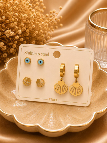 ست گوشواره زنانه مدل Shell & Evil Eye طرح صدف و چشم نظر استیل | Qazal Bijoux
