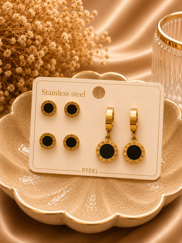 ست گوشواره زنانه مدل Roman طرح اعداد رومی مشکی و طلایی استیل | Qazal Bijoux