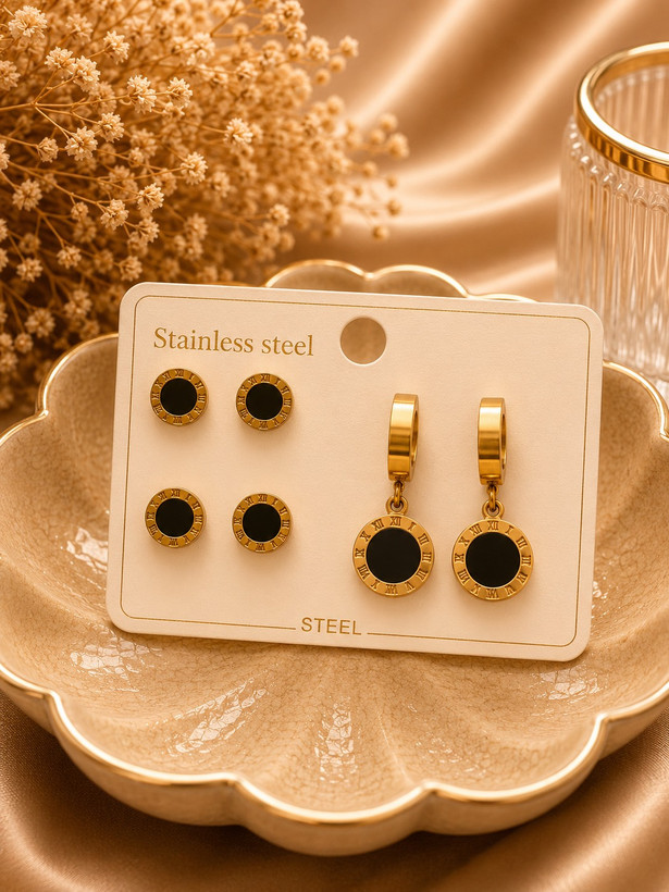 ست گوشواره زنانه مدل Roman طرح اعداد رومی مشکی و طلایی استیل | Qazal Bijoux